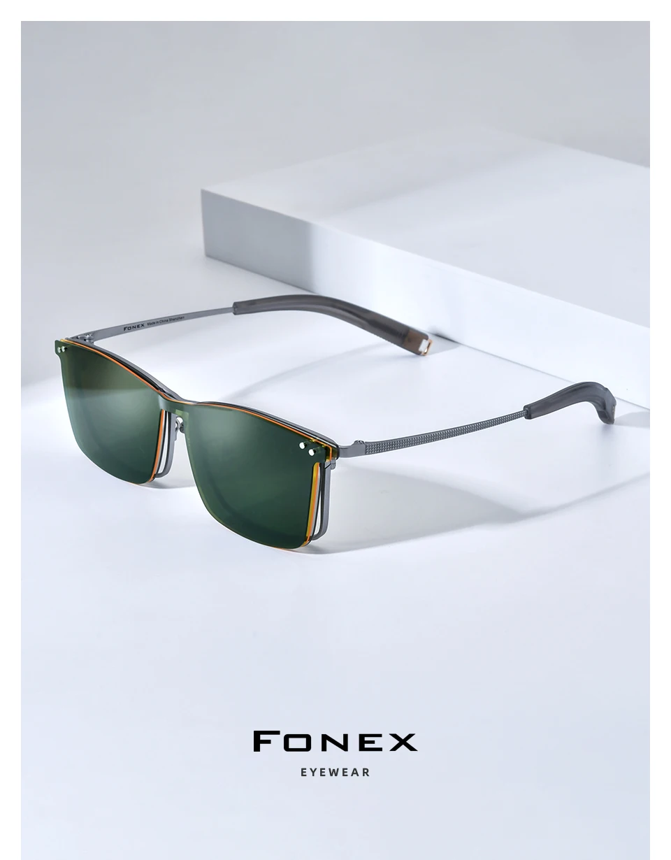 FONEX Titanium Glasses Frame Men Square Magnet Clip Eyeglasses with 3D & Night Vision & Polarized Lens Japanese Eyewear 85760