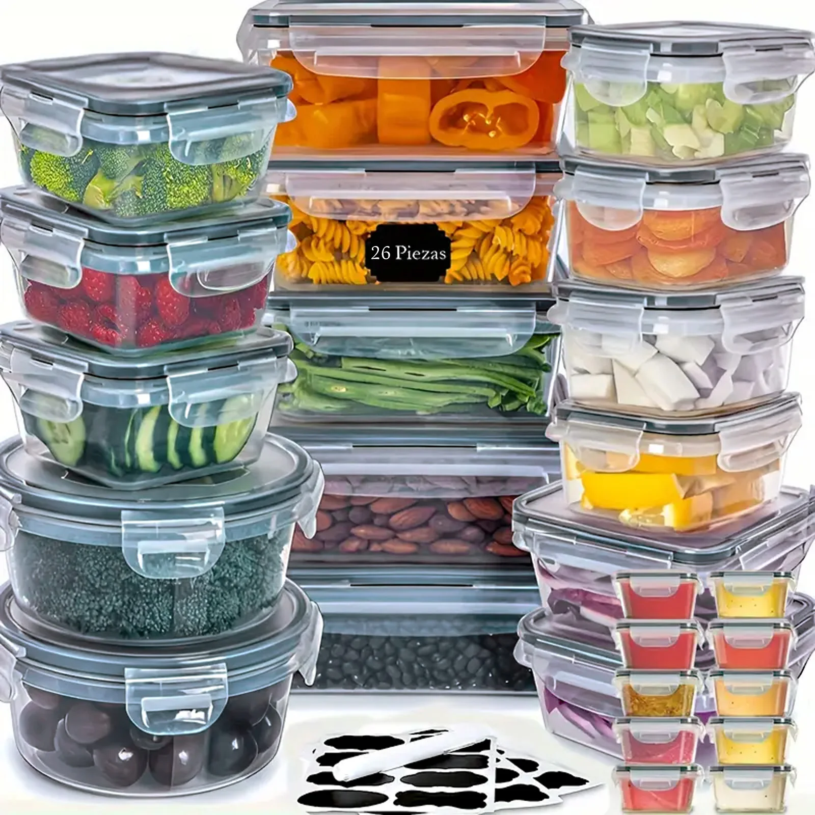 Set mit 26 Lebensmittel-Aufbewahrungsbehältern, versiegelte Vorratsdosen, geeignet für Spülmaschine, Mikrowelle und Gefrierschrank.