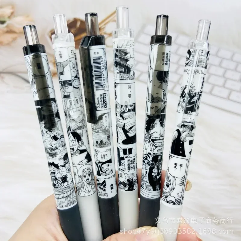 Juego de 6 unidades de bolígrafo de Gel de una pieza de dibujos animados, bolígrafo neutro con prensa de tinta negra de 0,5mm, figuras de Anime Kawaii Luffy, papelería, suministros escolares