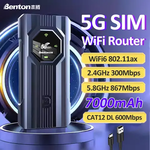 Benton 5G Router 4G 4G+ 5G SIM WiFi Router Dual Band WiFi CAT12 WiFi6 Portable WiFi USB Mobile Router for Travel Car Driving