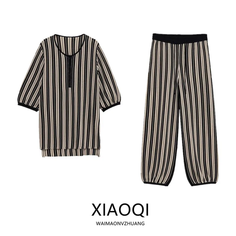 

Women's Casual Striped Top And Long Pants Faion Set Autumn New Arrival Linen ort Sve round Ne European Sle