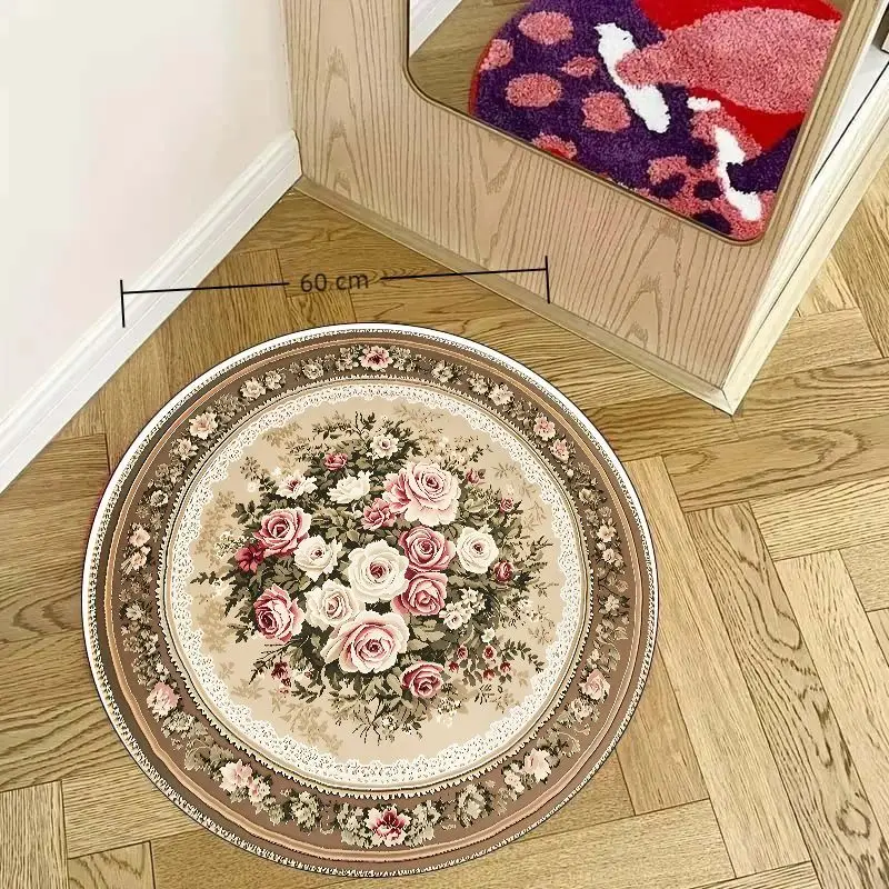 Retro Victorian Rose Round Rug European Style Floral Lace Frame Circular Mat  Antique Decor Floor Mat for Entryway Bedroom Decor