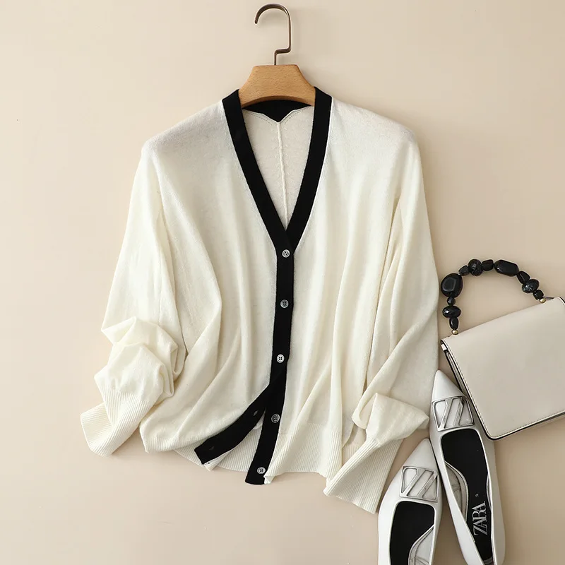 loose casual worsted 100% cashmere v neck cardigan jacket