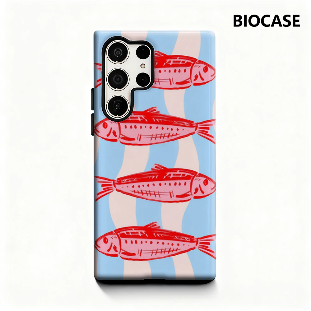 Roter Fisch mit blau-rosa Wellen-Handyhülle für Samsung Galaxy S25 Ultra S24 S23 Ultra Plus, glänzende doppellagige Rückseite