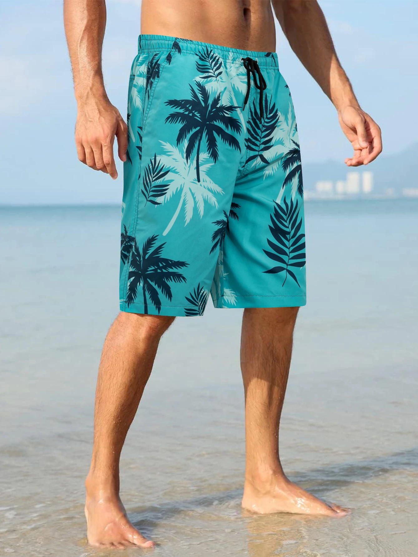 Mens Board Shorts Palm Tree Print Swim Trunks, Beach Shorts with Pockets for Men