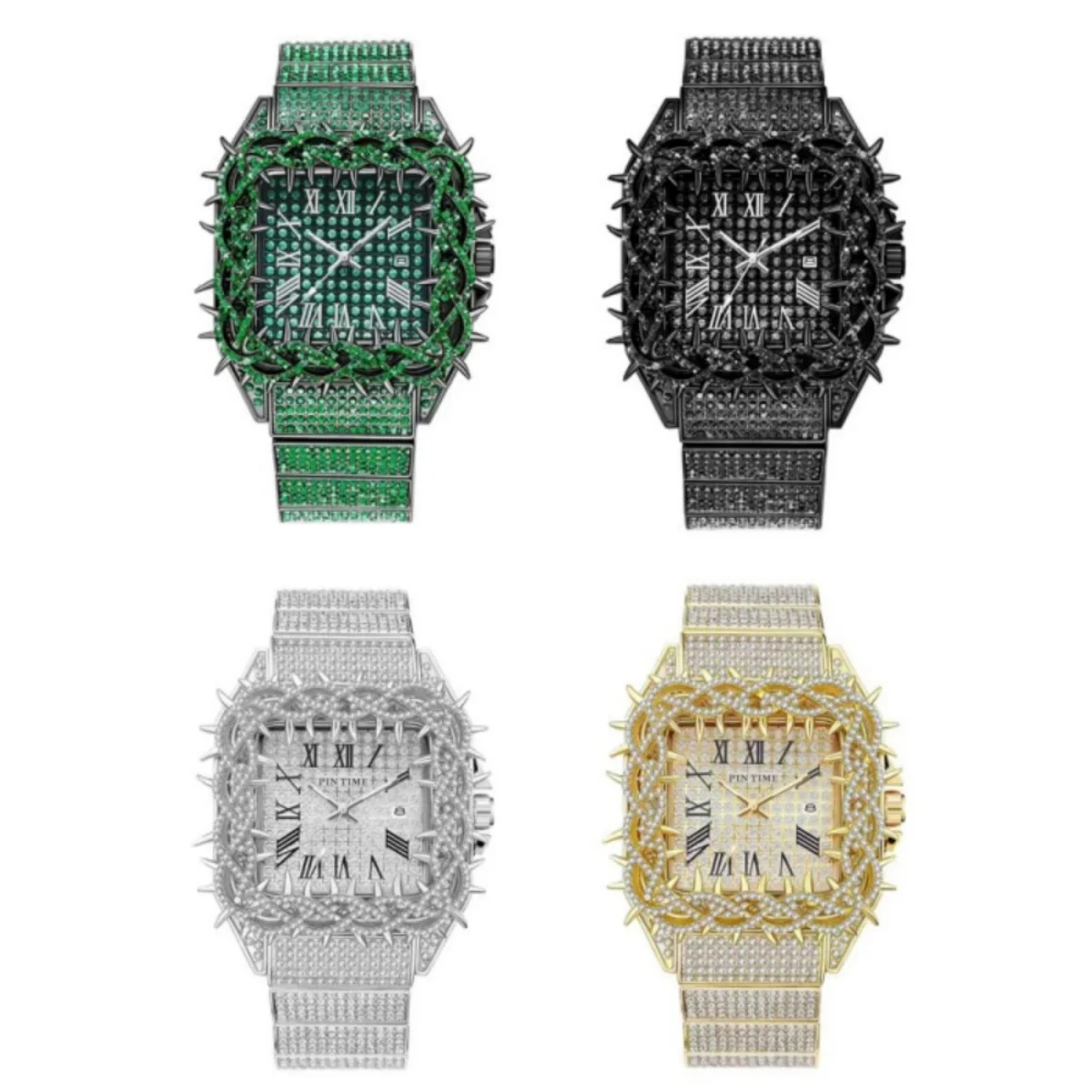 Iced Out Square Men Quartz Watch Thorn Bezel Full Diamond Stainless Steel Band Hip Hop Waterproof Male Wristwatches Reloj Hombre