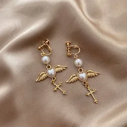 Personality Imitation Pearl Clip Earrings Temperament Vintage Long Cross Angel Wing No Ear Piercing Clip Earrings for Women