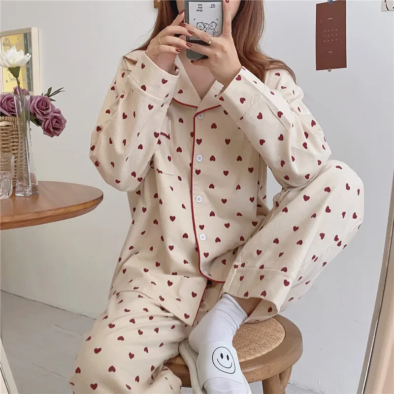 

Heart Print Autumn Pajamas Set Women Single Breasted Shirts + Trousers Set Sleepwear Home Suit 100% Cotton Korean Sweet