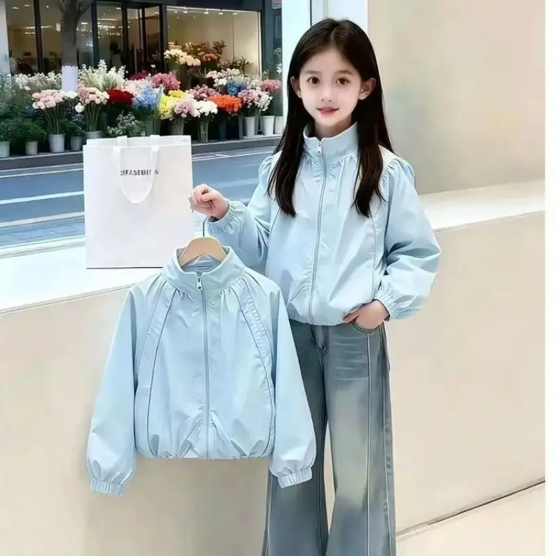 Girls Windbreaker Autumn New Kids Stand Collar Zipper Jacket Thin Liner Outdoor Sports Top Spring Coat Outerwear for Children
