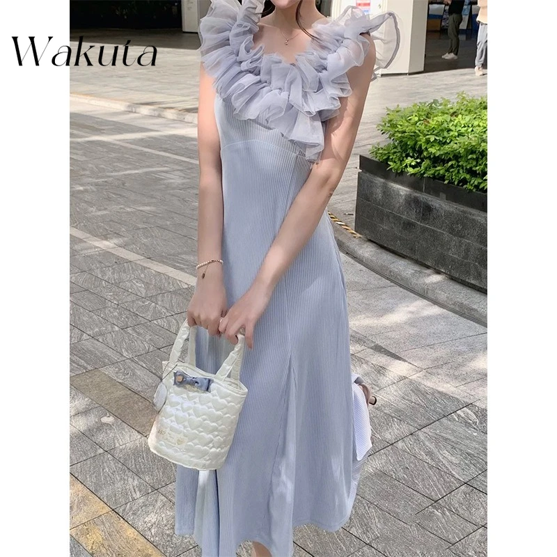 

WAKUTA Fairy Luxury Temperament Chiffon Robe Fungus Patchwork Off Shoulder Slim Waist Knit Dresses Japan Elegant Pullover Mujer