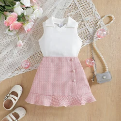 2025 Kids 2Pcs Girls 1-6Y Summer Lapel Sleeveless Slat Tee Tops Plaid Skirt Set Fashion Streetwear Clothing Child Outfit