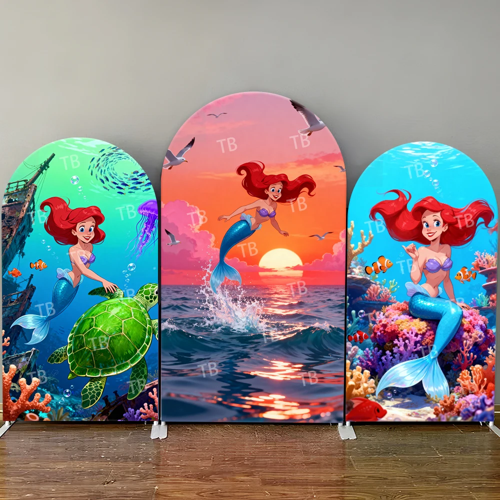 

Disney The Little Mermaid Arch Backdrop Cover Sunset Turtle Coral Clownfish Party Photo Booth Props for Events & Home Decoration