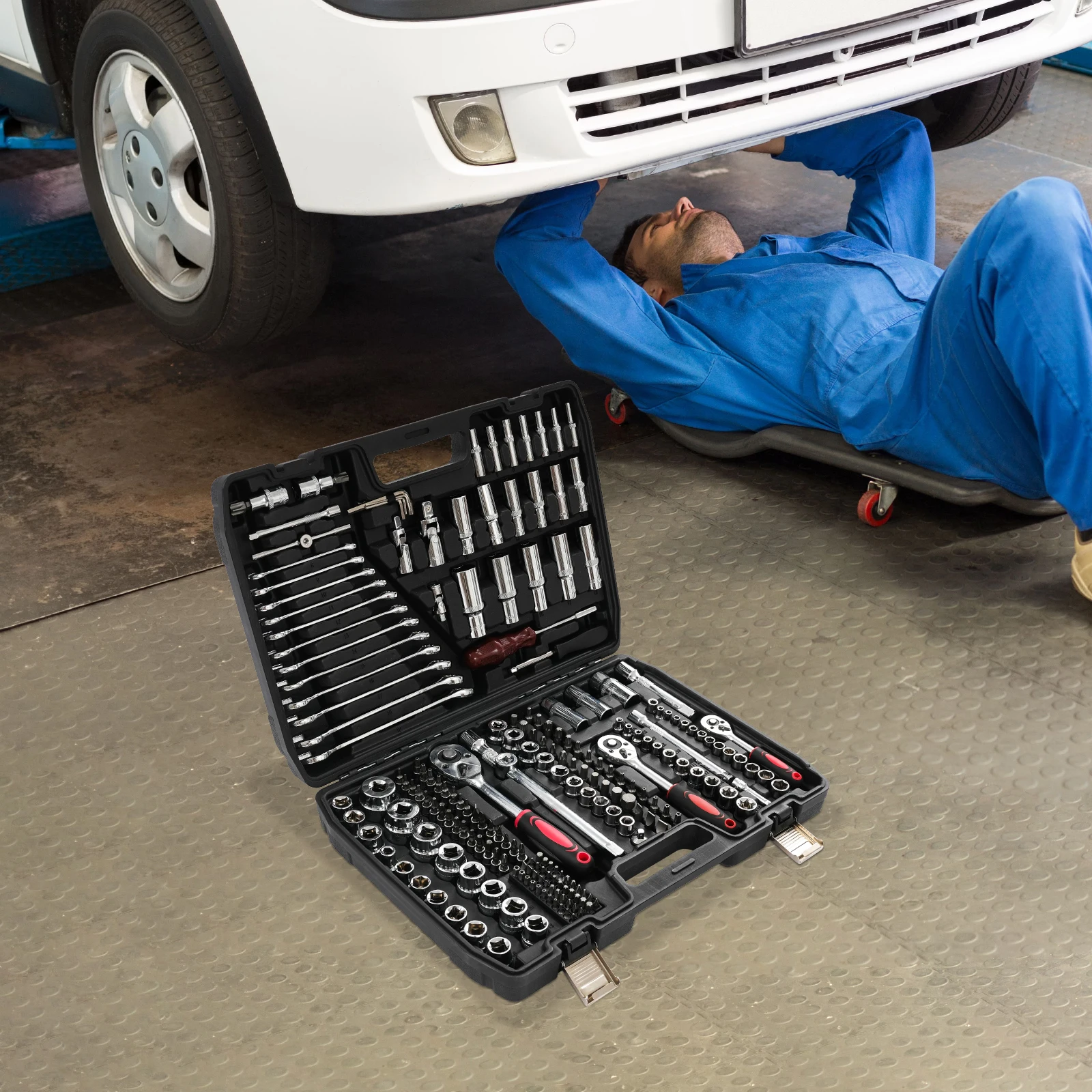 Zestaw kluczy nasadowych z grzechotką, stalowy, czarno-czerwony, 216 elementów, prostokątny, do narzędzi stolarskich, budowlanych