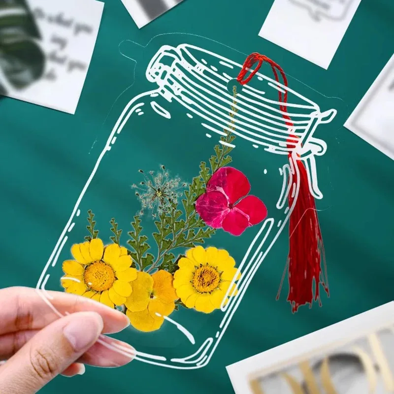 Autocollant de bouteille transparent bricolage créatif pour étudiants, clips de page de fleurs étanches, bancs en plastique, film de scrapbooking, marque-page