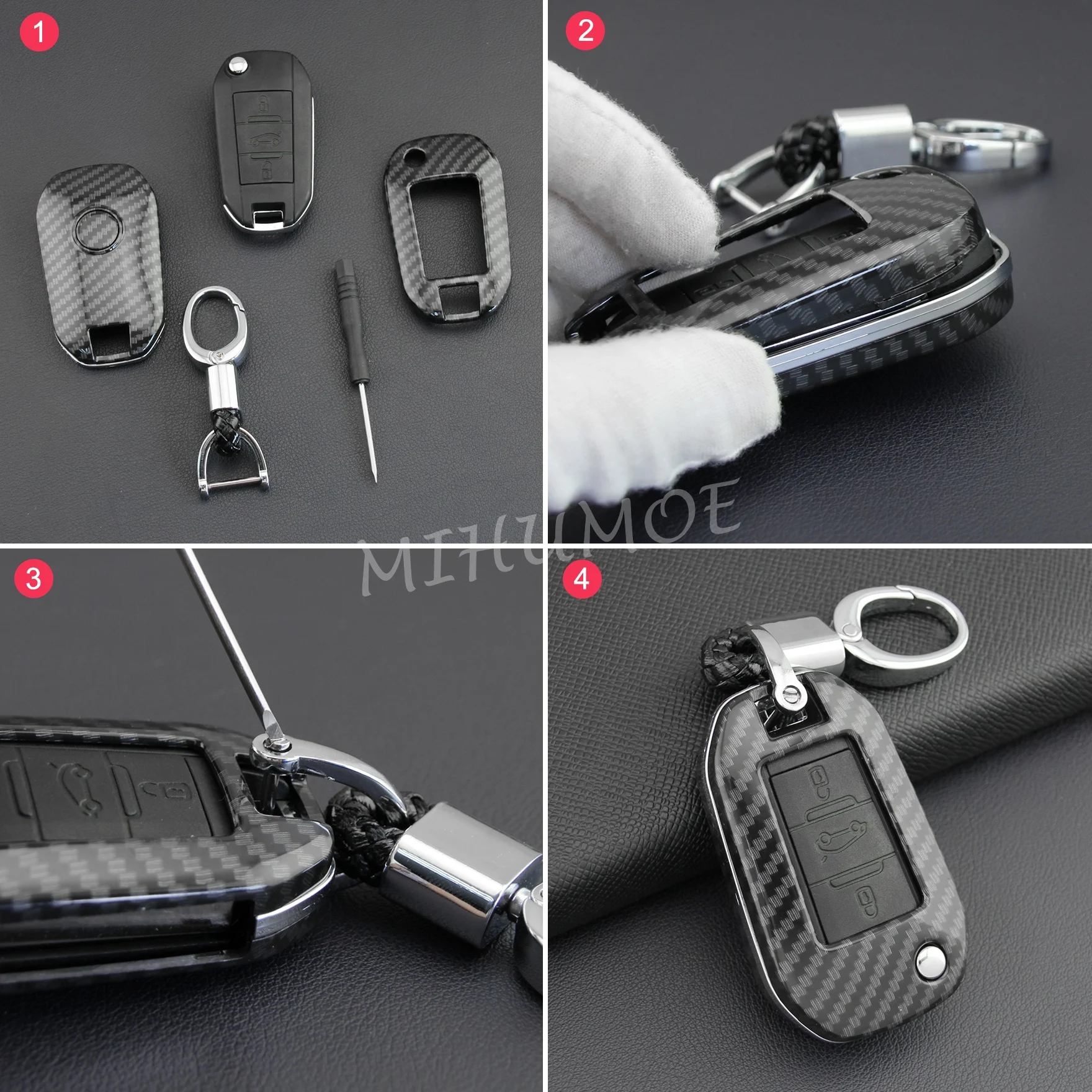 For Peugeot Citroen Car Flip Key Fob Cover Case Chain Shell Carbon Fiber 208 301 308 508 2008 3008 5008 C3 C5 Aircross C-Elysee