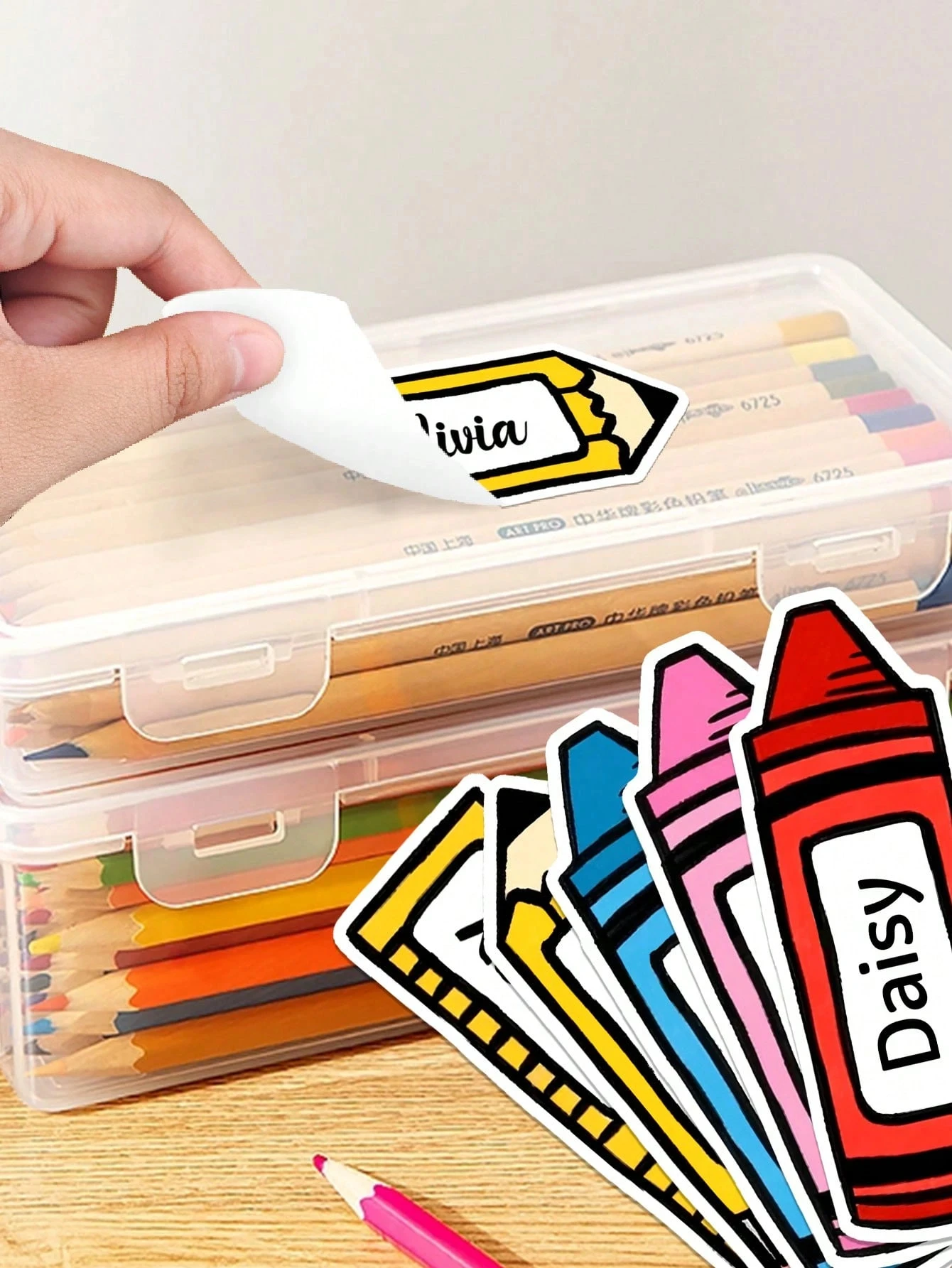 Customized Cartoon Stationery Shape Stickers Book Label Name Pencil Crayon Back To School Teacher Colorful Cute Kawaii