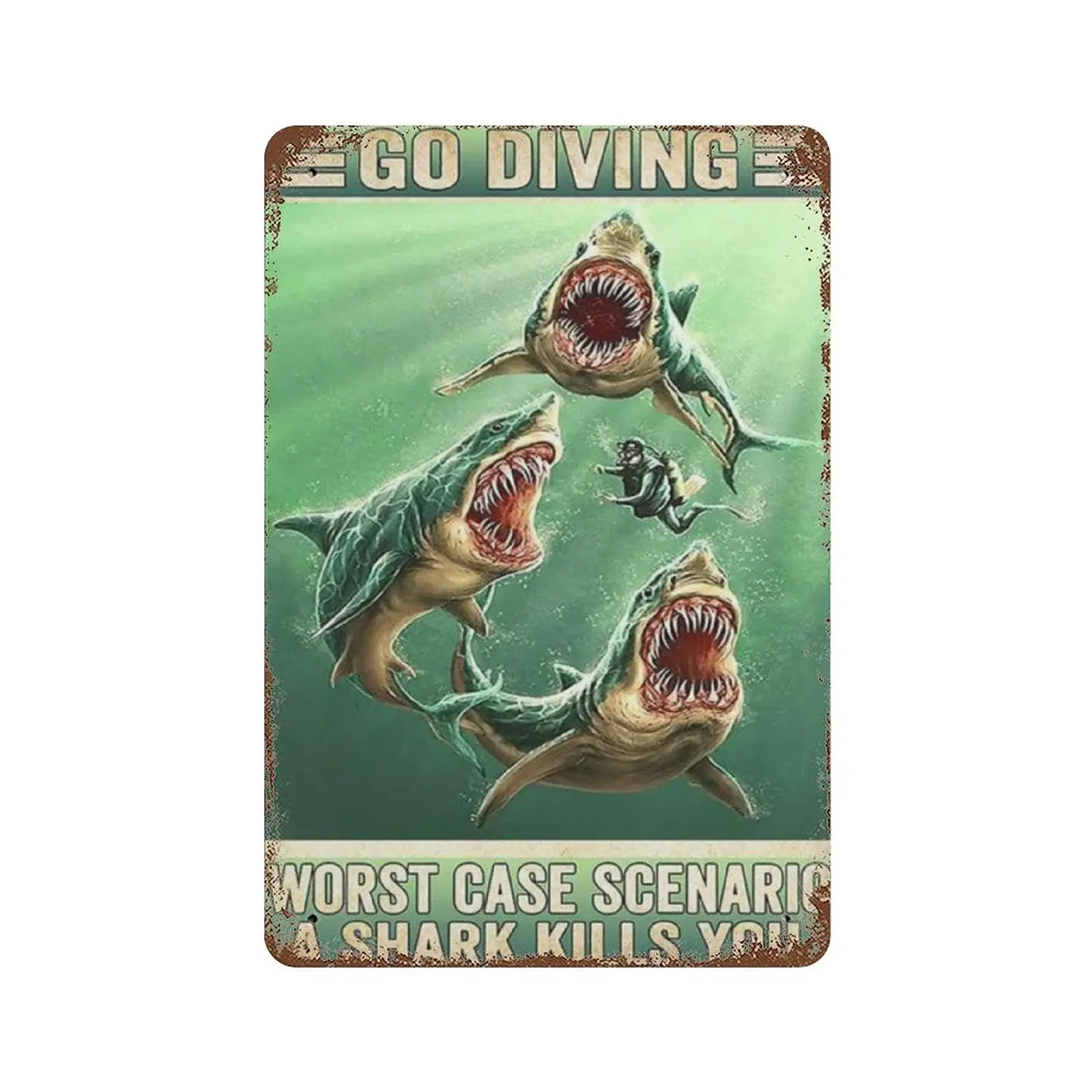 Dreacoss Metal tin Sign，Retro Style， Novelty Poster，Iron Painting，Scuba Diver Fight with Sea Worst Case Scenario A Fish Kills Yo