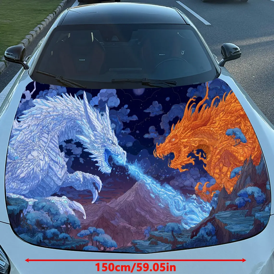 Starry Dome Frenzy Ice-Fire Dragon Duel Car Vinyl Wrap, PVC Material Waterproof Car Hood Sticker, Self-Adhesive Scratch-Resistan