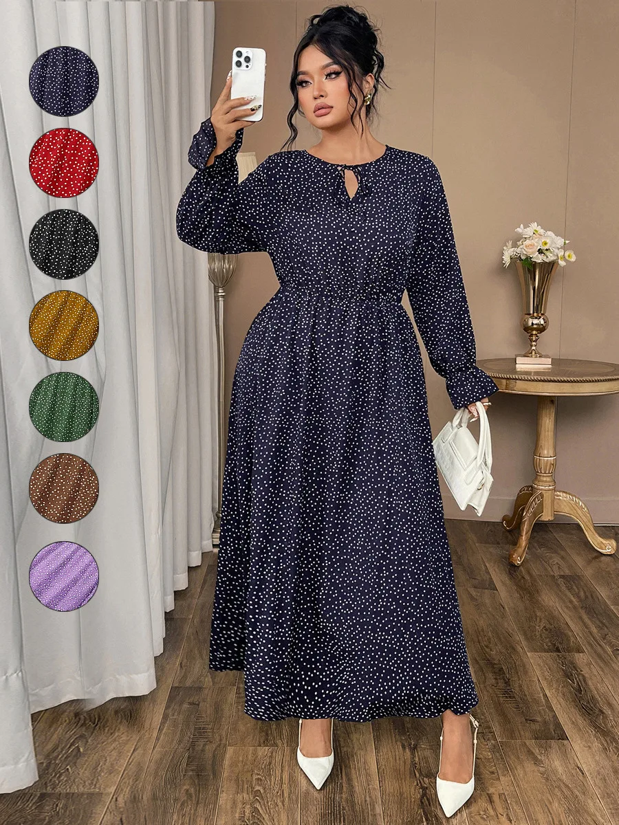 

Элегантное женское летнее платье макси в горошек с длинными рукавами, А-силуэт, длина в пол, рукава-колокол, завышенная талия, в стиле «Knowledge Style»