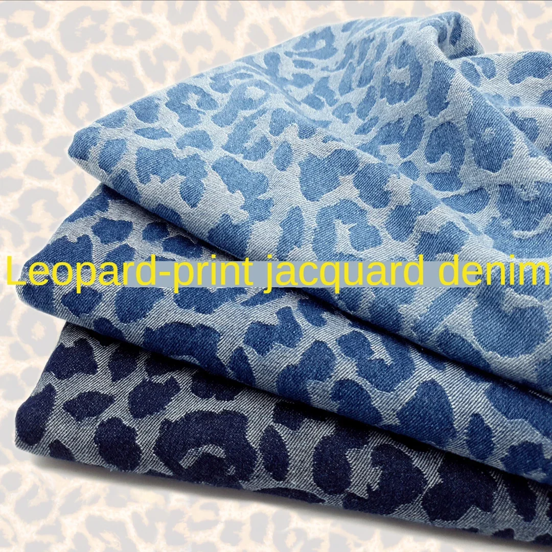 Jacquard Denim Fabric By The Meter for Sewing Jeans Shirts Clothing Coats Fashion Washed Cloth Thickend Diy Black Leopard-print