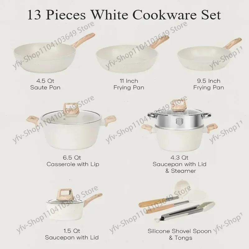 Pots and Pans Set Non Stick, 13/17 Pcs Kitchen Cookware Sets White Granite Nonstick Cooking Set with Frying Pans, Saucepans,