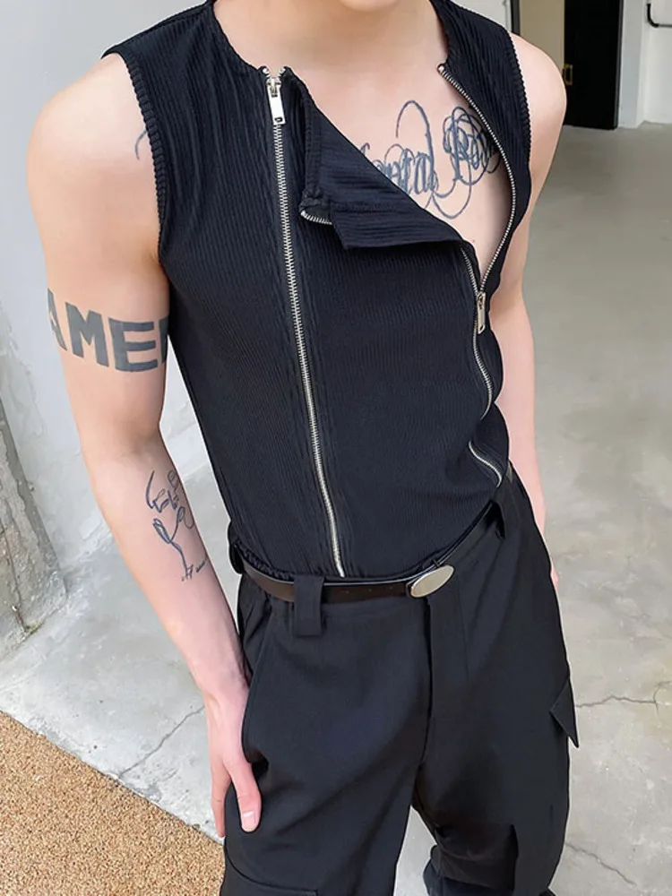 Men Clothing 2024 Summer Double Zipper Design Solid Color Vests Personality Vest Niche Sleeveless Tank Top For Male