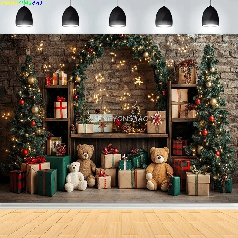 

Christmas Day Pine Tree Bell Wreath Photography Backdrops Indoor Fireplace Winter Elk New Year Family Portrait Background CT-04