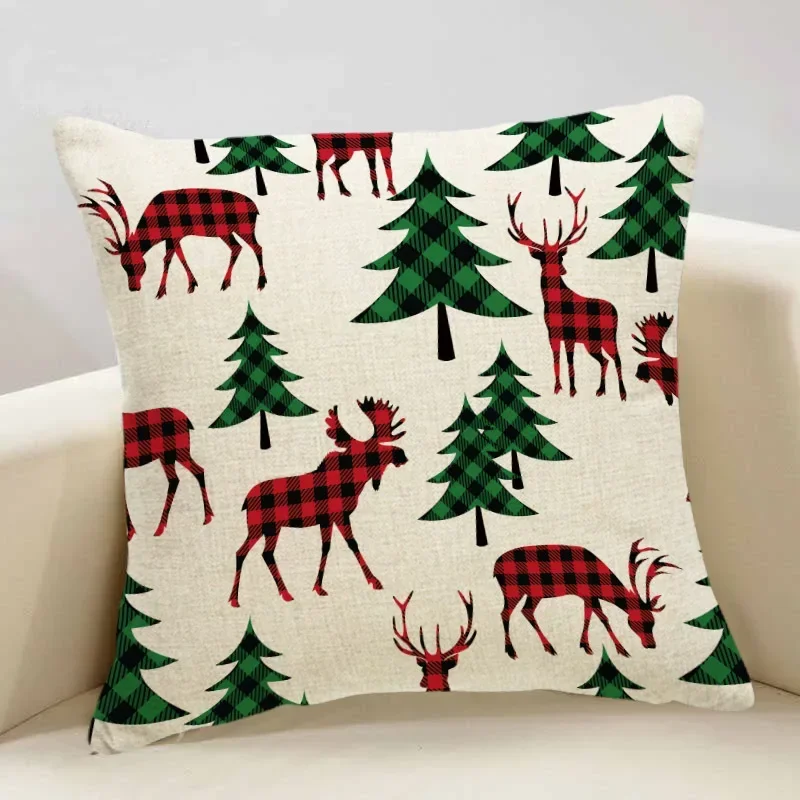 Juste de coussin imprimé sapin de Noël Elk, taie d\'oreiller, décoration d\'intérieur, cadeau, 45x45cm, 2024