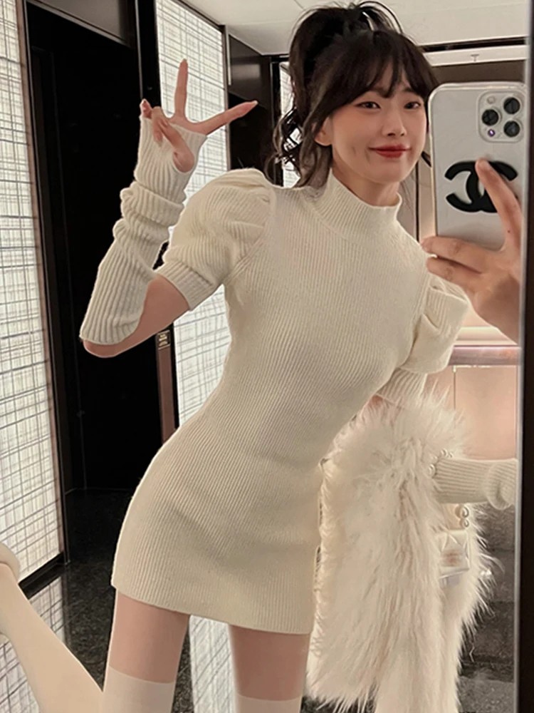 Y2K 니트 솔리드 심플 신축성 짧은 드레스 여성용 스웨터, 시크 스위트 바디콘 미니 파티 무도회 원피스, 신제품