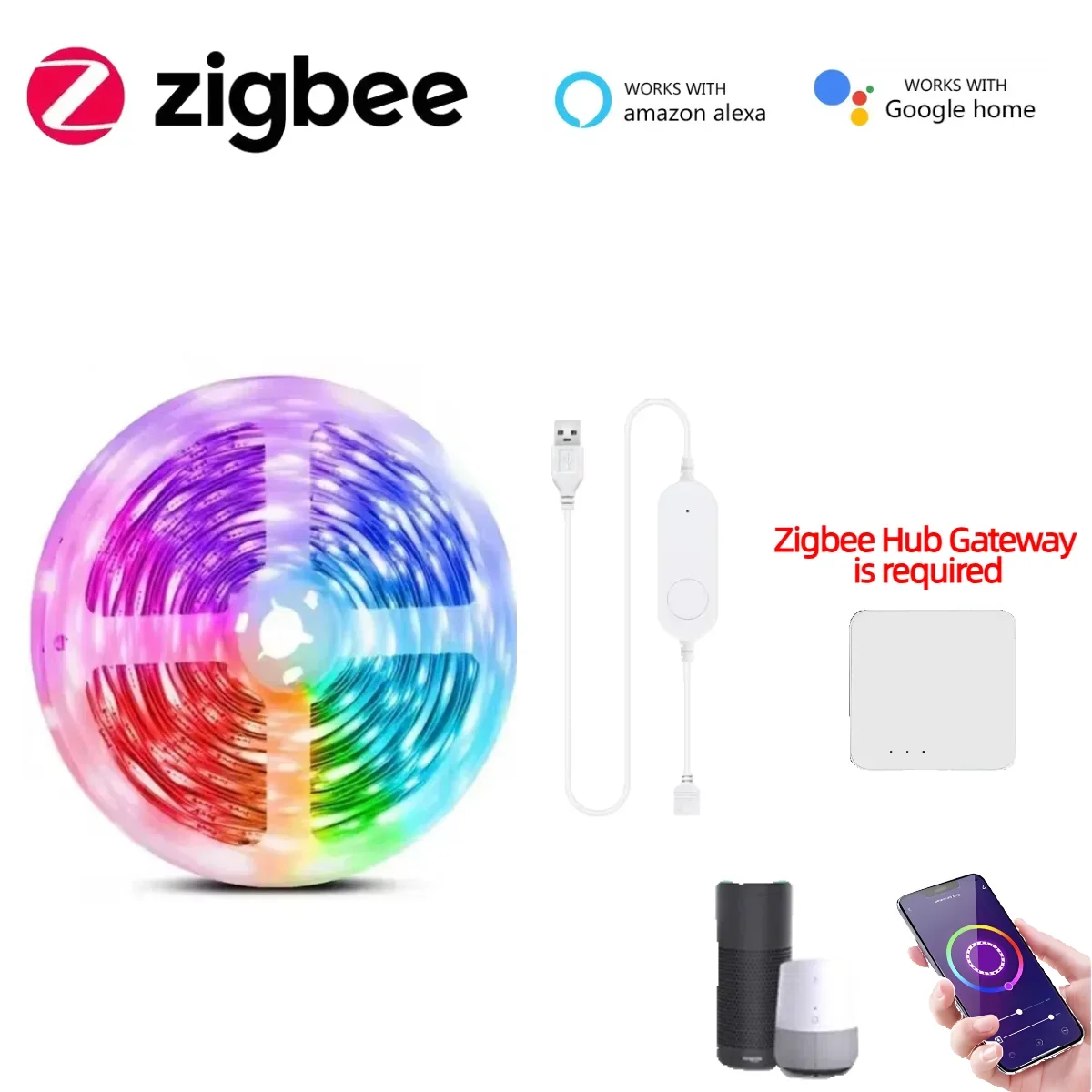 Inteligente zigbee rgb cob led luz de tira usb 5v pode ser escurecido trabalho com zigbee hub gateway alexa google assistente echo mais controle app