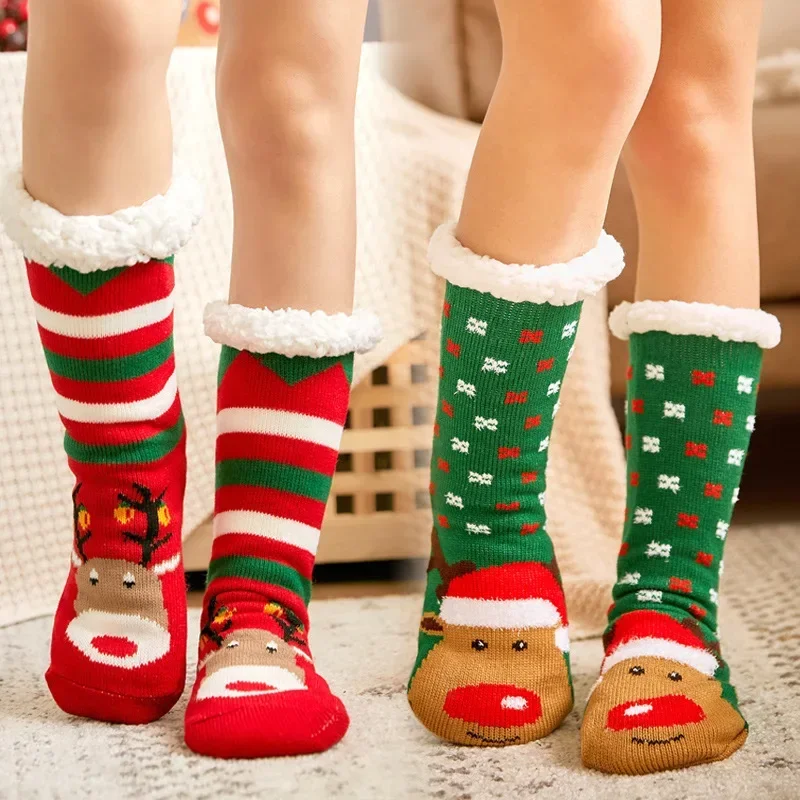 Men Women Christmas Floor Socks Fleece Lined Anti Slip  Winter Cartoon Reindeer Snowflake Warm Cozy Indoor Home Slipper Socks