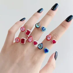 Geometric Tear Drop Heart Shaped Cubic Zirconia Colorful Stone Enamel Band Open Adjusted Women Finger Rings