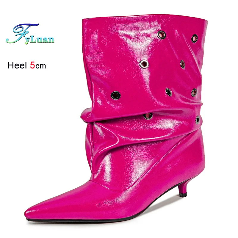 

Сексуальные осенне-зимние женские сапоги-ботфорты цвета розовой розы с заклепками, на тонком каблуке 5 см, с острым носком, средней высоты, на танкетке, CD