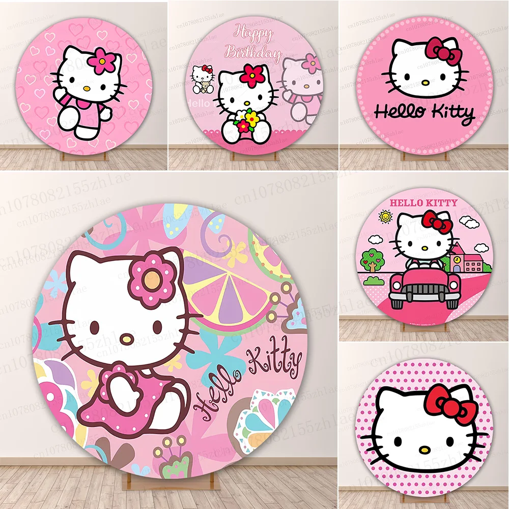 

Hello Kitty Round Photo Backdrop Birthday Party Photo Background Baby Shower Pink Photography Backdrop