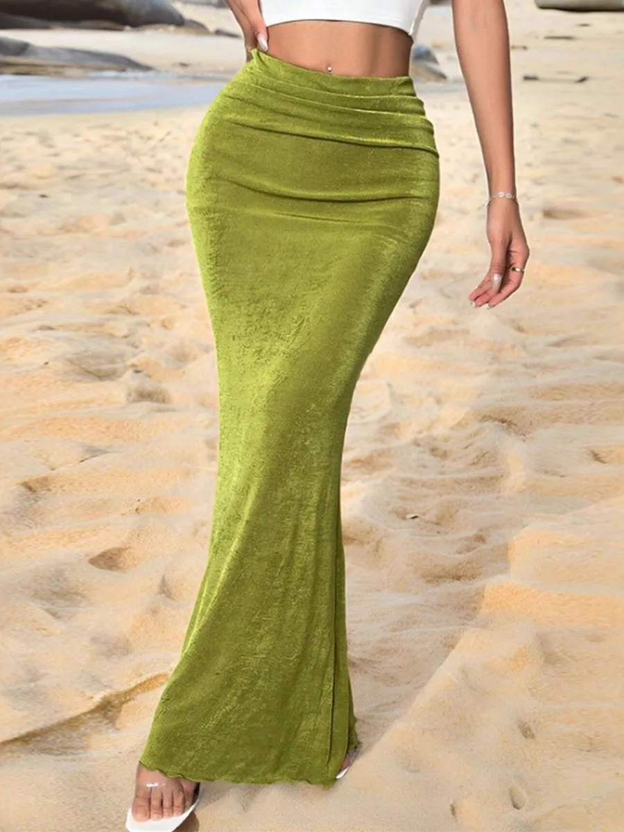 

Slimming Waist Wrapped Fitail Skirt Women's Mid-Waist Bodycon f-length European Sle Embroidered PVC Ciwalk Skirt