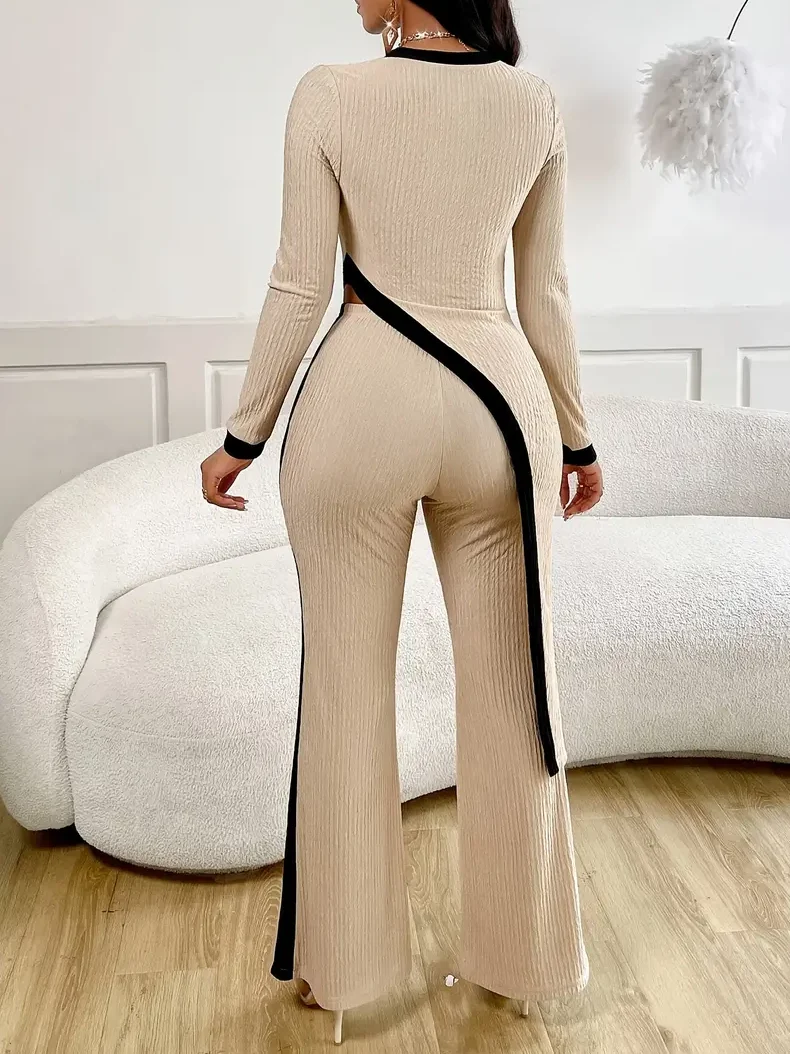 Women Ribbed Knit Two Piece Outfit Set Long Sleeve Cutout Side Slit Top Contrast Strip Flare Pants Bodycon Matching Club Party T
