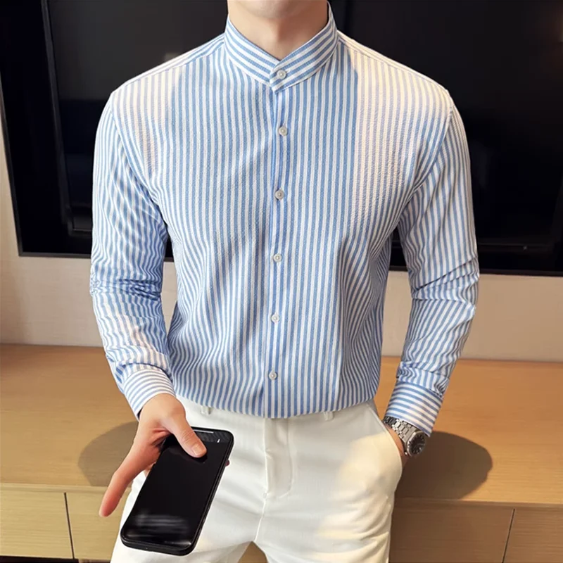 

New Chinese Style Stand Up Collar Slim Fit Long Sleeve Shirts Men High Quality Striped Elegant Shirt Summer Business Dress Tops