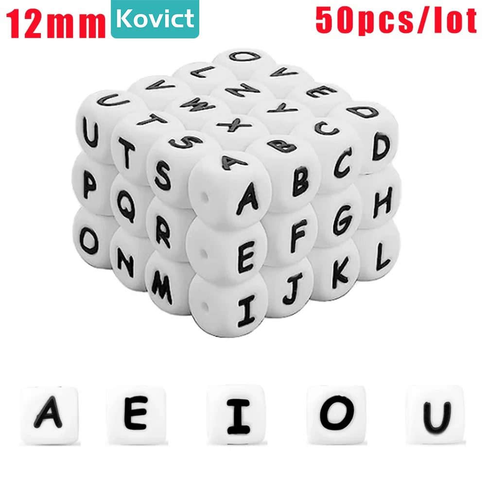 50 sztuk/partia koralik silikonowy litery 12mm białe silikonowe koraliki alfabetu DIY bransoletka łańcuszek smoczka akcesoria do tworzenia biżuterii