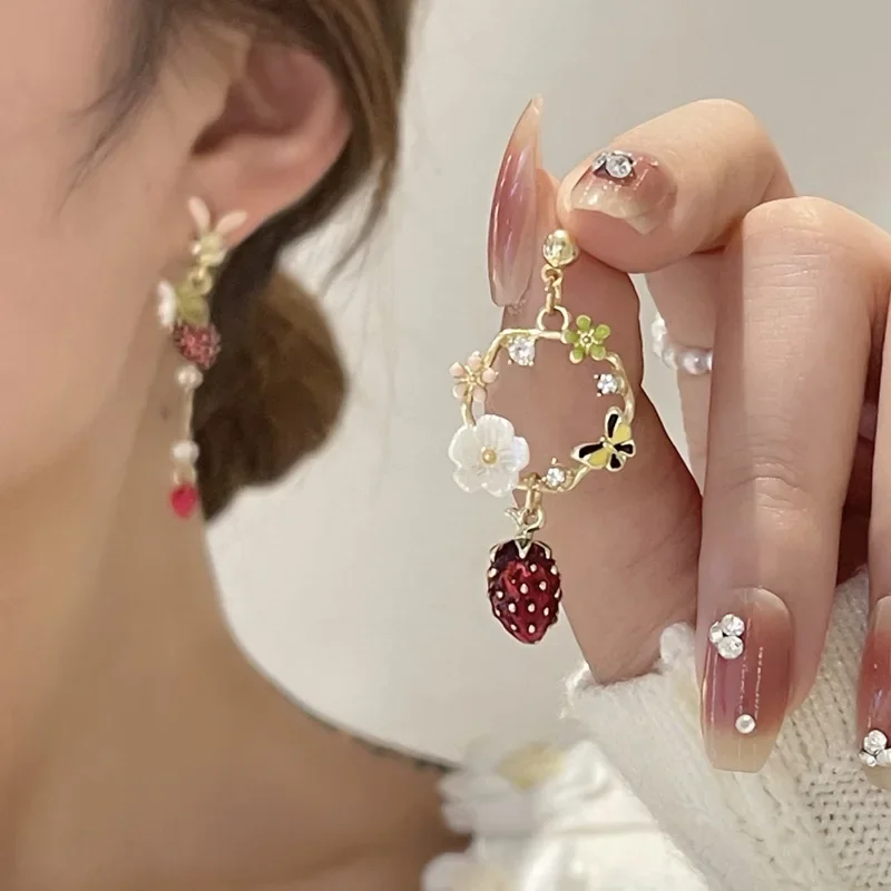 S925 Needle Summer Butterfly Strawberry Flower Earrings Asymmetric Rabbit Long Strawberry Pendant Tassel Earrings for Women