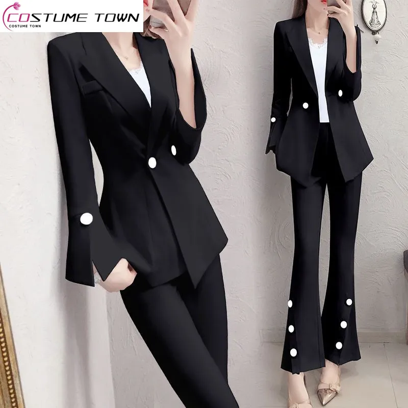 Spring New Korean Fashion Slim Fit Jacket Coat Fashion Flare Trousers Two Piece Elegant Women\'s Pants Suit Blazer Outfits