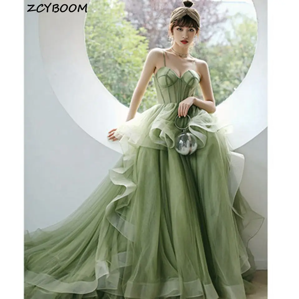 Ligh Green Tiered Prom Dresses 2025 Women Formal Party Vestidos De Gala Elegant Ruffles Red Spaghetti Straps Long Evening Gowns