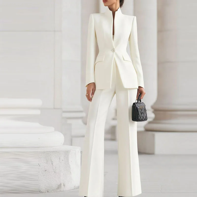 Mode Stehen Kragen Mantel Einfache Anzüge Casual Langarm Büro Lange Hosen Sets 2025 Elegante Pendeln Solide Schlank 2 Stück Outfits