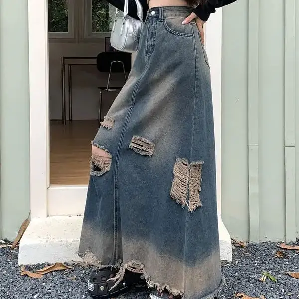 Zware industrie nostalgische retro gewassen hoge taille nieuw ontwerp slanke lente herfst nieuwe gewassen gat ruwe rand denim rok