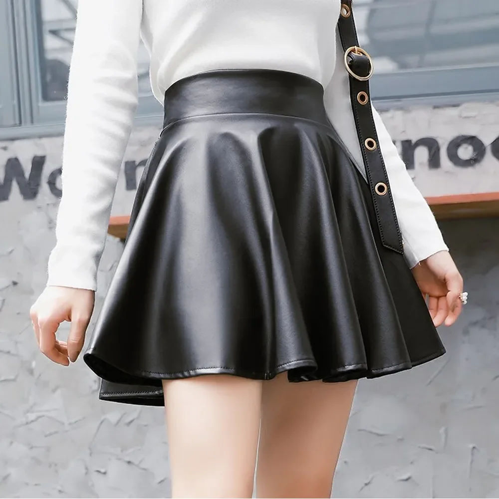 

Women Sexy Faux Leather Skirts High Waist Elastic Mini Short Skirt Multi Purpose For Skater Work Nightclub Knee-Length Skirts