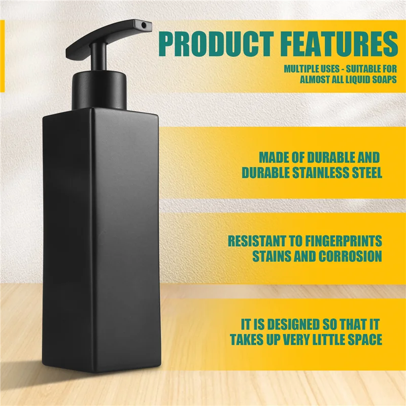 ABPP-Dispenser di sapone liquido nero in acciaio inossidabile, distributori di sapone, per cucina e bagno, 350 ML