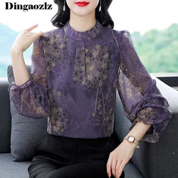 New Fashion Floral Printed Shirt Stand Collar Long sleeved Women Chiffon Blouse Office Lady Pullovers Tops