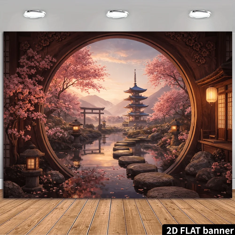 Japanese Cherry Blossom Pagoda Torii Gate Zen Garden 2D Flat Tapestry Backdrop For Bedroom Decor Asian Wall Hanging Art