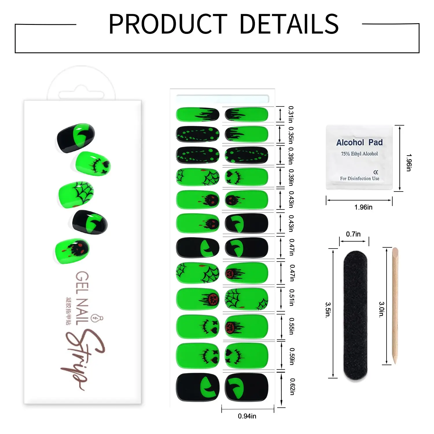 شرائط أظافر جل الهالوين المضيئة ذات 24 طرفًا - الشبح الأخضر والعنكبوت، معالجة بالأشعة فوق البنفسجية/LED، جودة الصالون، سهلة الاستخدام والإزالة
