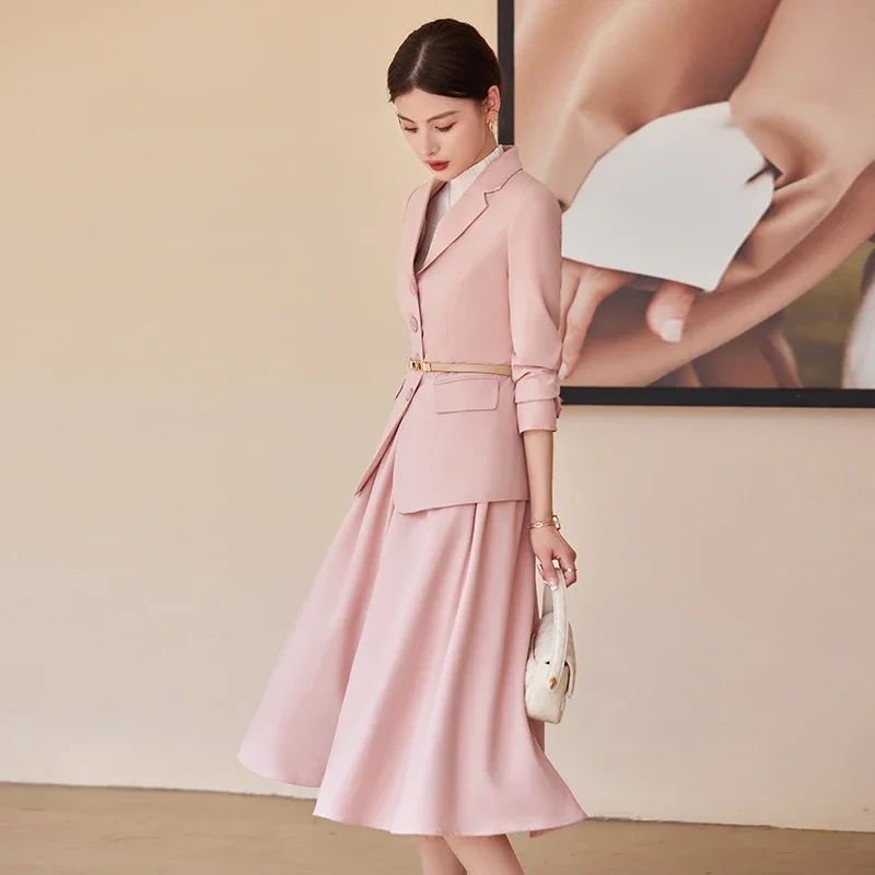 Insozkdg Women Blazer Suits Autumn 2 Pieces Set Single-Breasted Belt Blazers Tops A-Line Skirt Casual Office Work Suit