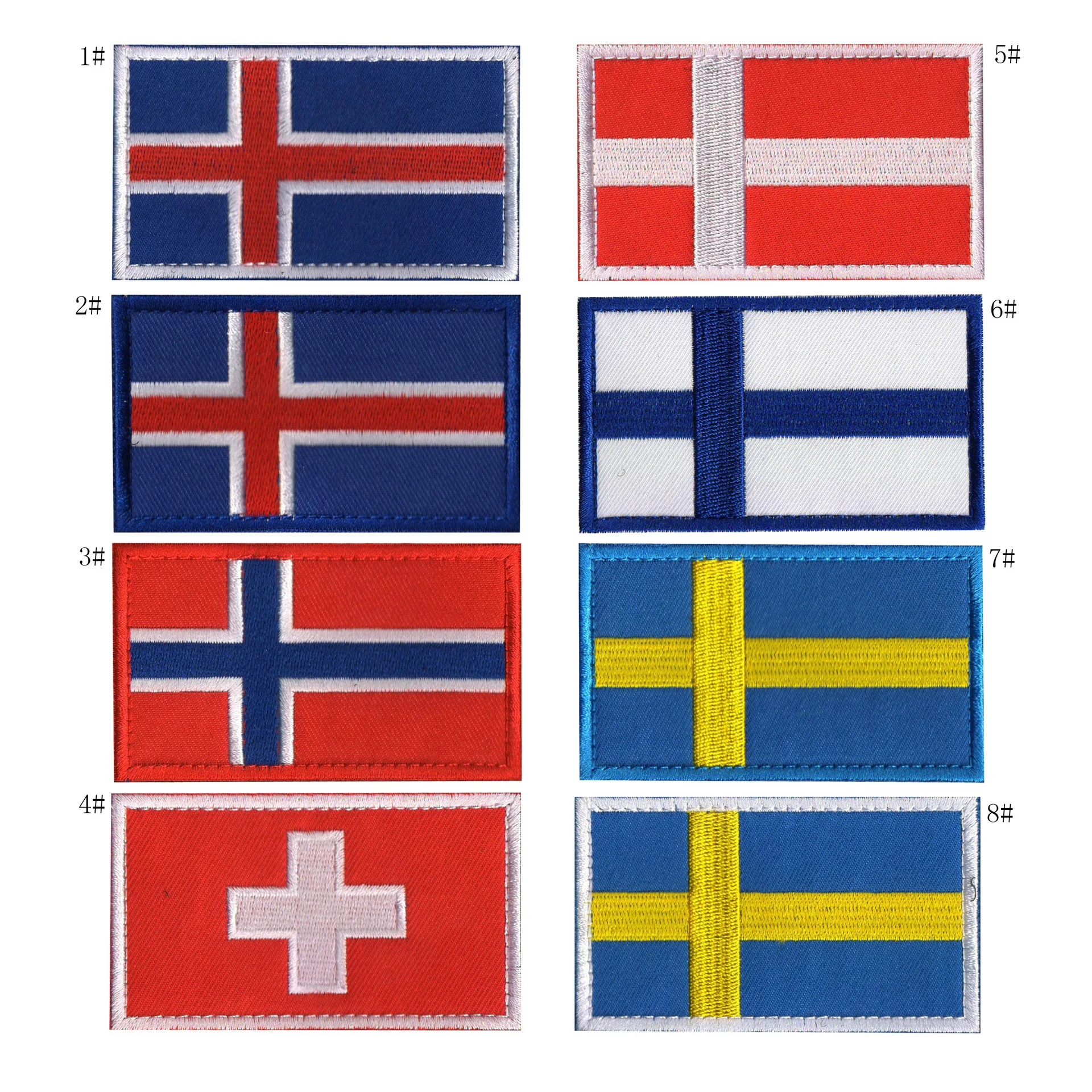 Nordic Countries Flag Hook&loop Patches Iceland Norway Sweden Denmark Finland Banner Colored Base Cross Flag Badge for Caps Bags
